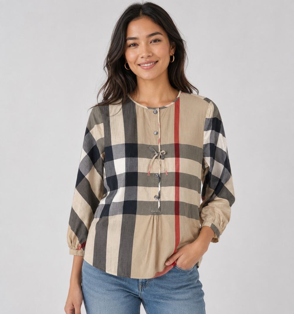 Burberry Beige Black White Plaid Blouse with Red Accent